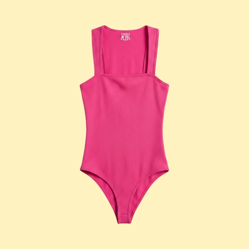 OQQ Women Hot Pink Ribbed Bodysuit Square Neck Sleeveless Tank Large